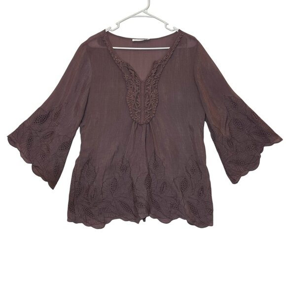 Solitaire by RAVI KHOSLA Tops - Solitaire Women Top Tunic Embroidery Boho Blouse Medium Purple Tie Flare Sleeve